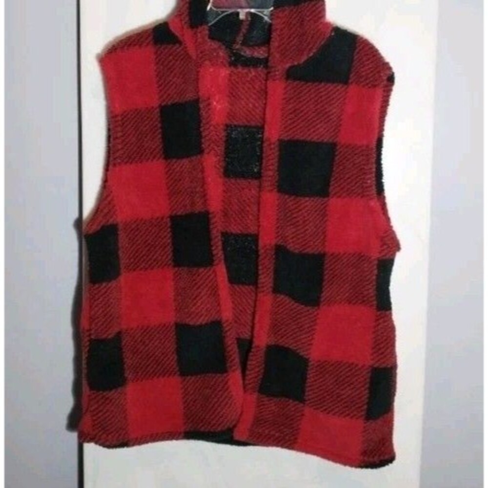 Women’s Buffalo Plaid Sherpa Hooded Vest L/XL Red Black Soft Cozy Cabin Holiday